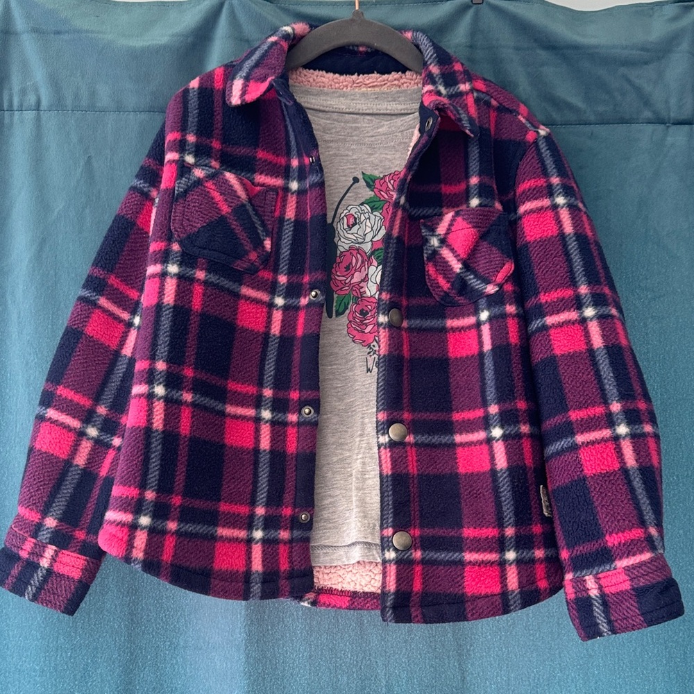Vibrant Pink and Blue Plaid Kids Jean Jacket